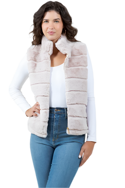 Tiered Faux Fur Vest With Collar-Beige