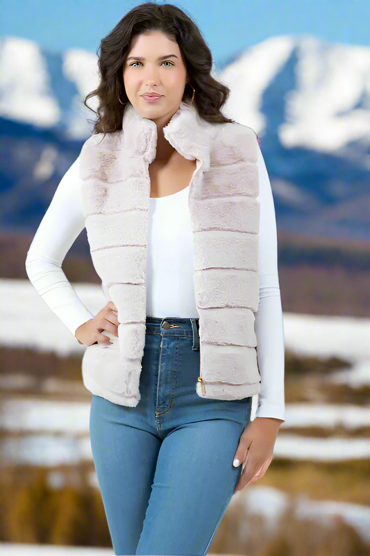 Tiered Faux Fur Vest With Collar-Beige