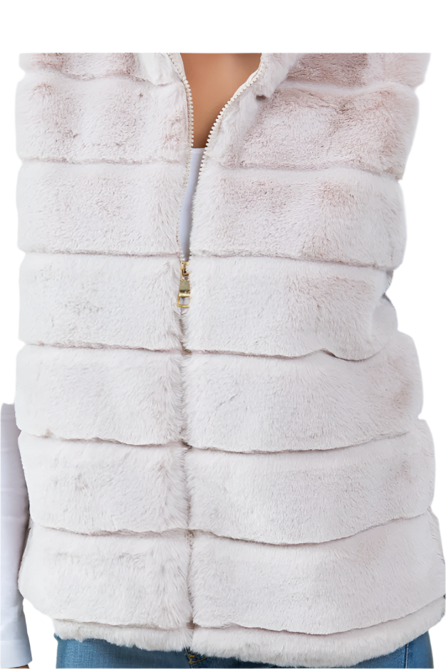 Tiered Faux Fur Vest With Collar-Beige