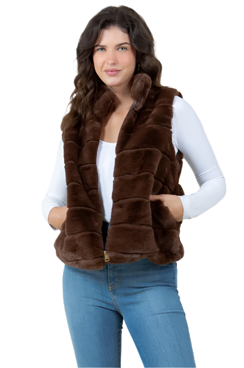 Tiered Faux Fur Vest with Collar-Coffee