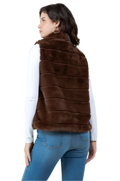 Tiered Faux Fur Vest with Collar-Coffee