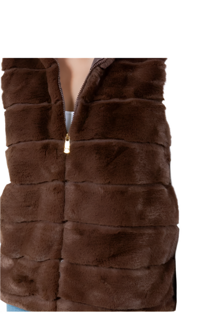 Tiered Faux Fur Vest with Collar-Coffee