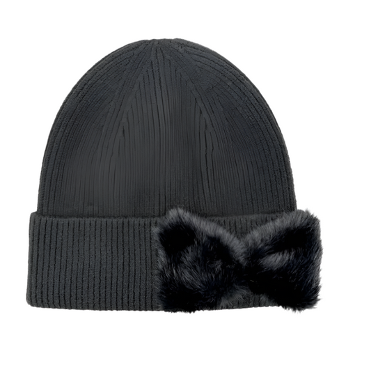 Faux Fur Bow Beanie-Black