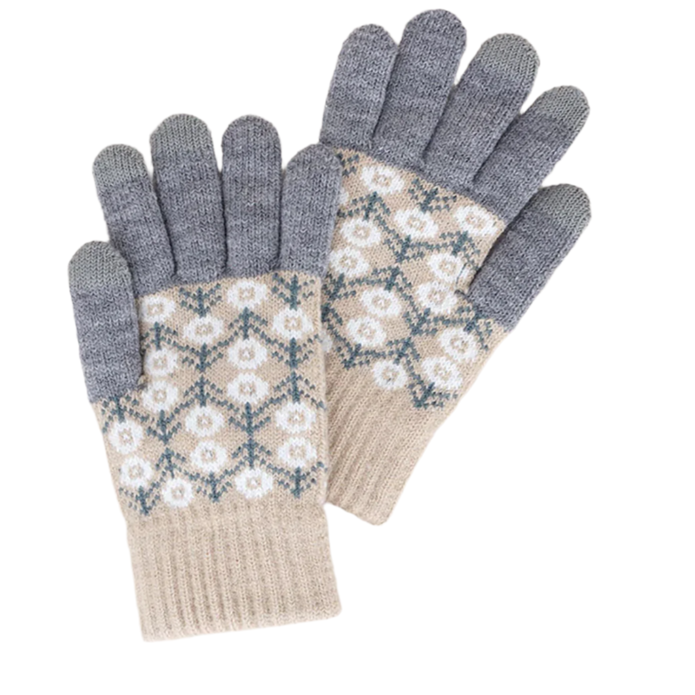 Aztec Patterned Knit Touch Smart Gloves-Grey Mix