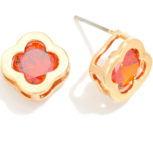 Goldtone Cloverleaf Stud Earrings-Red