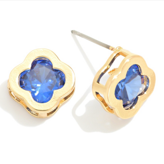 Goldtone Clover Stud Earrings-Blue