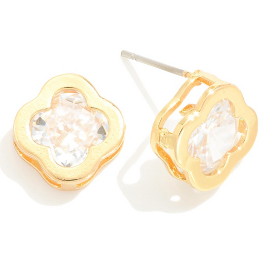 Goldtone Cloverleaf Stud Earrings-Crystal