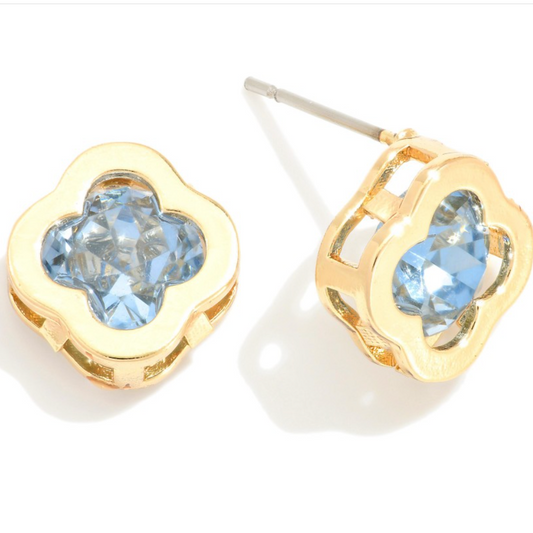 Goldtone Cloverleaf Stud Earrings-Lt Blue