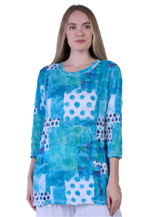 Shana Crinkle Two Pocket Mixed Print Top