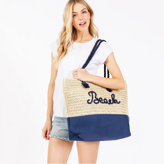 Canvas & Woven Straw Tote Bag-Navy