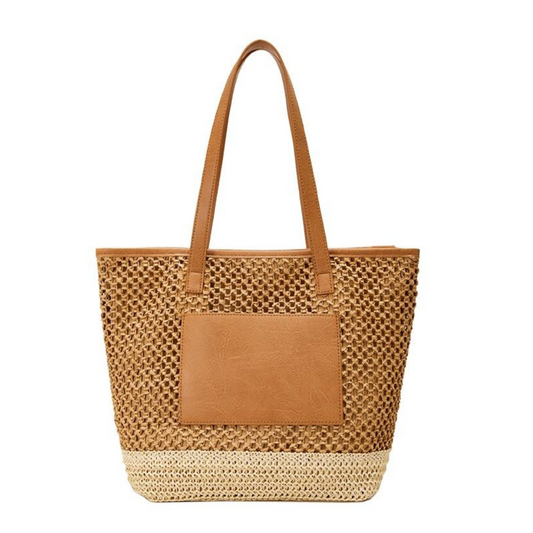 Woven Straw Tote Bag-Brown