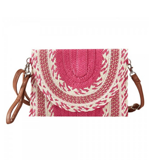 Woven Straw Clutch Cross Body Bag-Pink