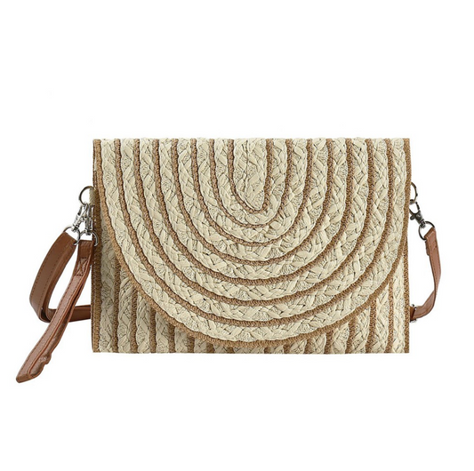 Two Tone Straw Clutch Cross Body Bag