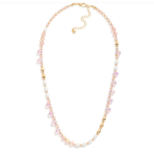 Glass Bead and Pearl Necklace-Pink