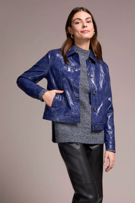 Faux Leather Button-Front Collar-Accent Jacket-NEW