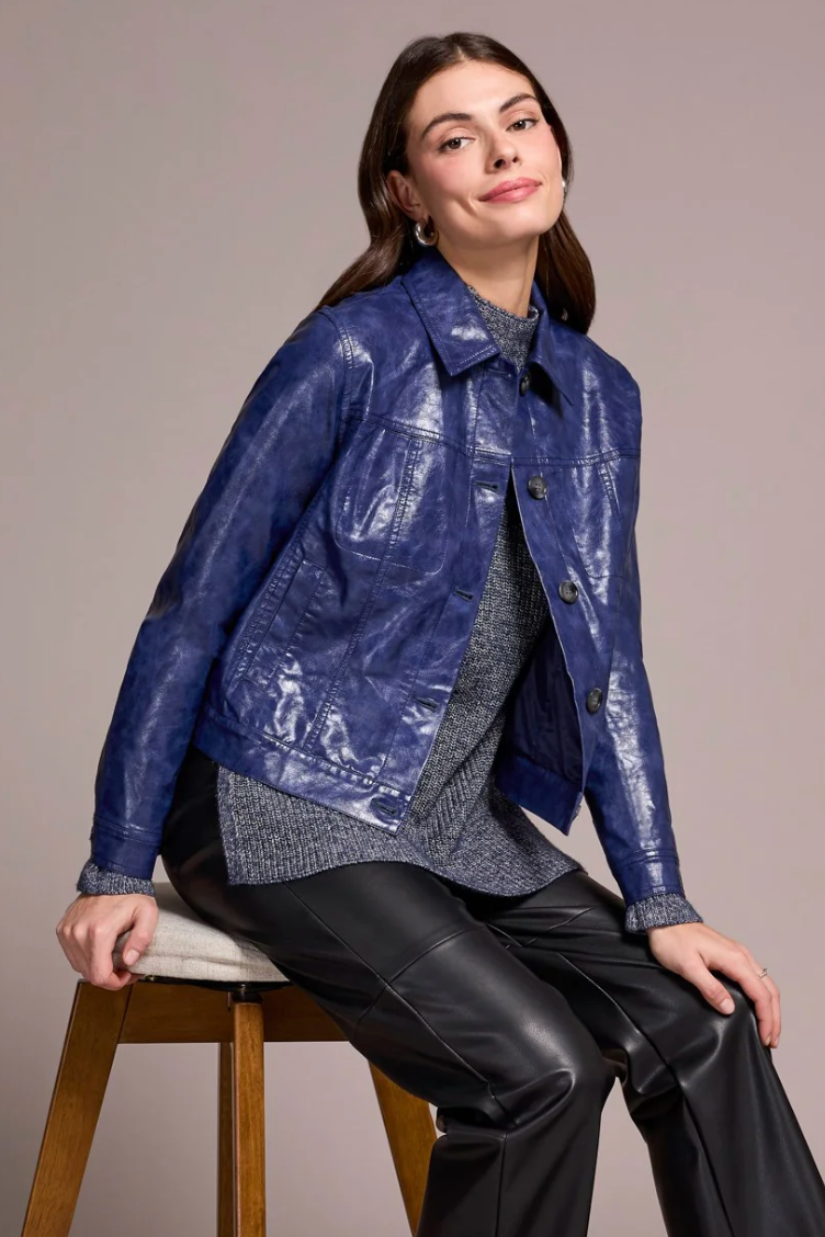 Faux Leather Button-Front Collar-Accent Jacket-NEW