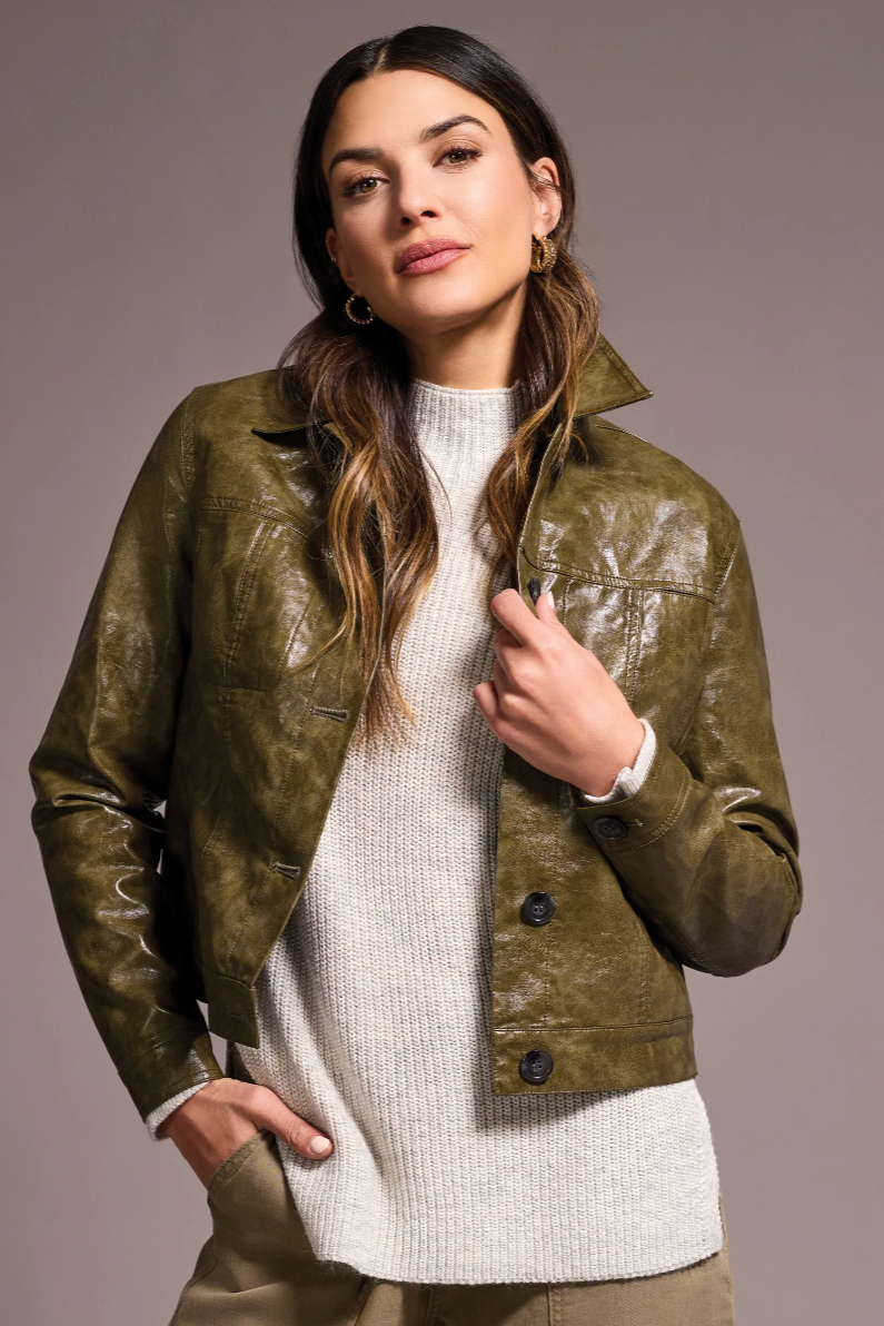 Faux Leather Button-Front Collar-Accent Jacket-NEW