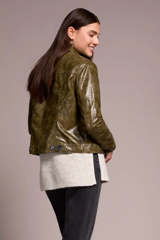 Faux Leather Button-Front Collar-Accent Jacket-NEW