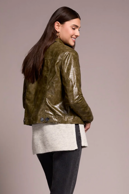 Faux Leather Button-Front Collar-Accent Jacket-NEW