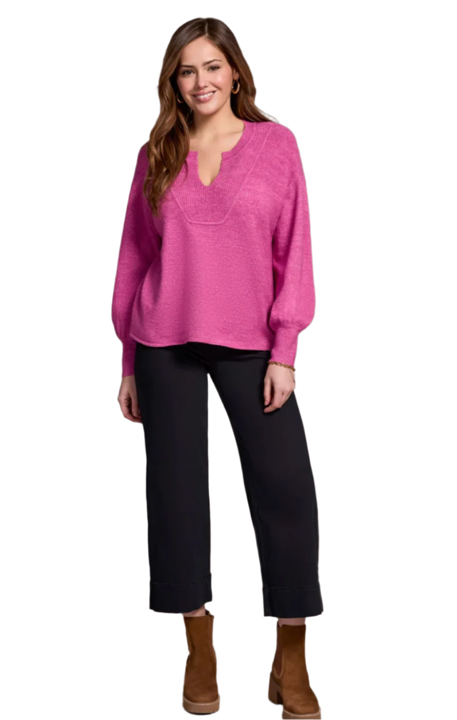 Tribal Notch Neck Puff Sleeve Sweater-NEW
