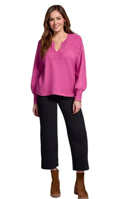 Tribal Notch Neck Puff Sleeve Sweater-NEW