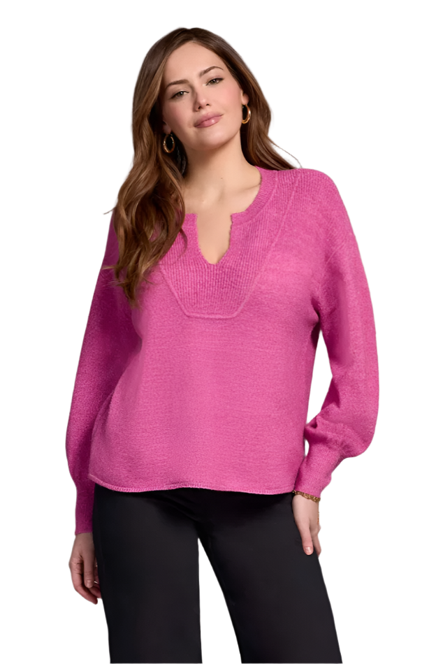 Tribal Notch Neck Puff Sleeve Sweater-NEW