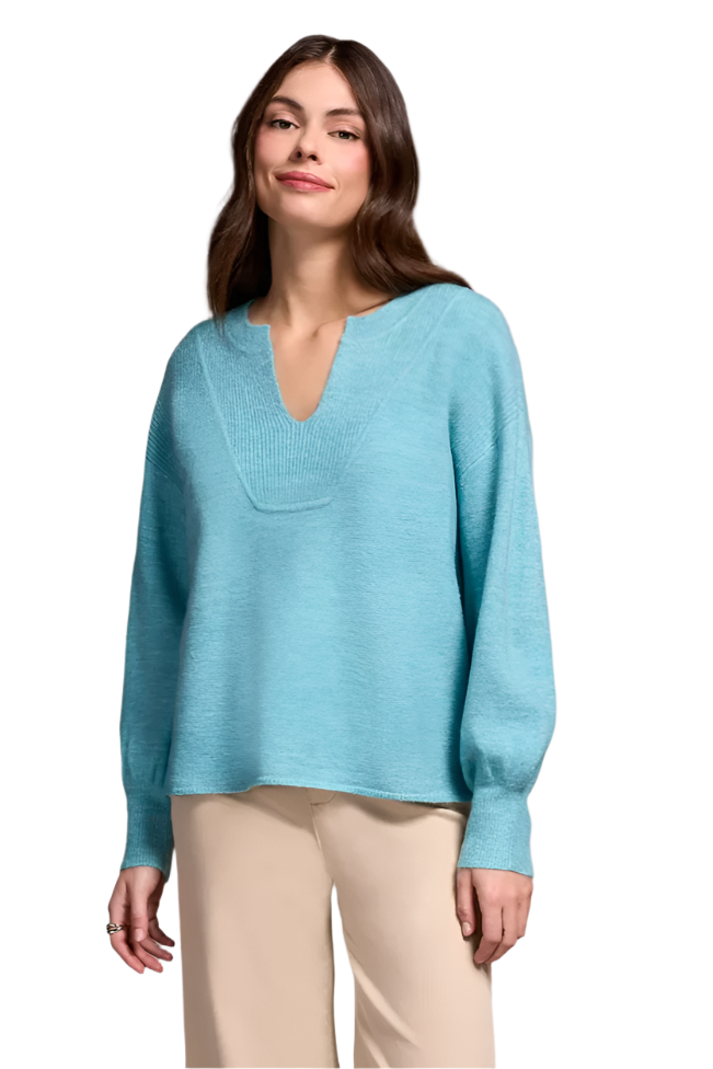 Tribal Notch Neck Puff Sleeve Sweater-NEW