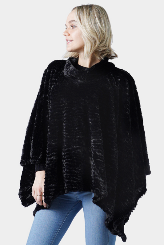 Faux Fur Poncho-Black