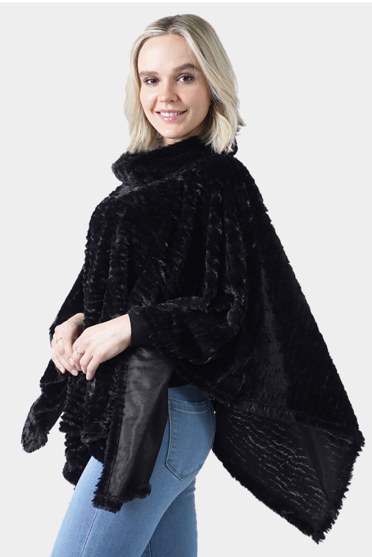 Faux Fur Poncho-Black