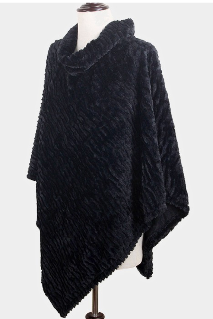 Faux Fur Poncho-Black