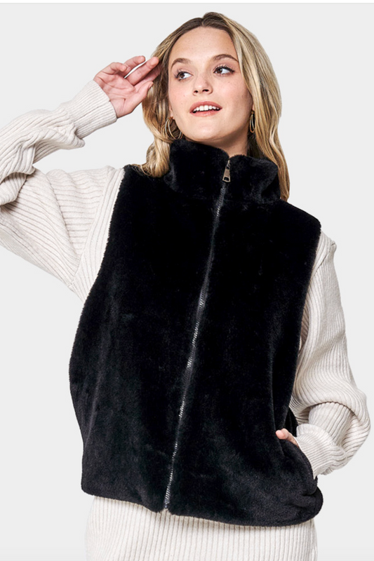 Faux Fur Vest with Pockets-Black