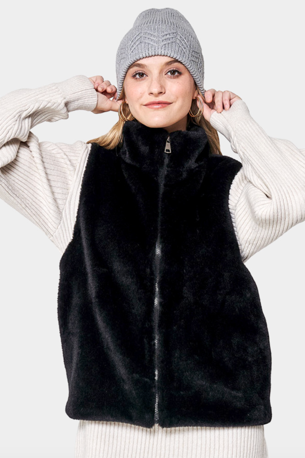 Faux Fur Vest with Pockets-Black