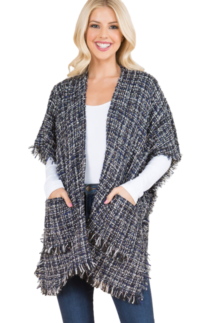 Open Front Tweed Poncho Cardigan