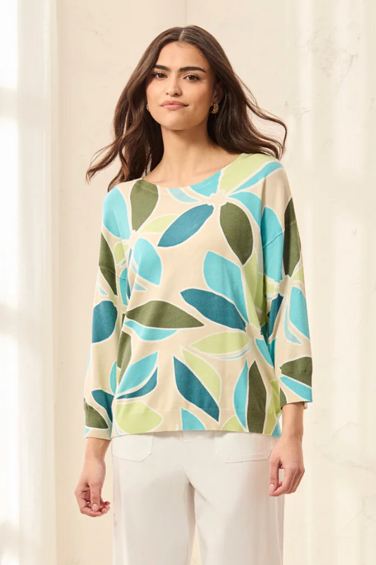 Tribal Soft Yarn Three-Quarter Sleeve Crewneck Sweater