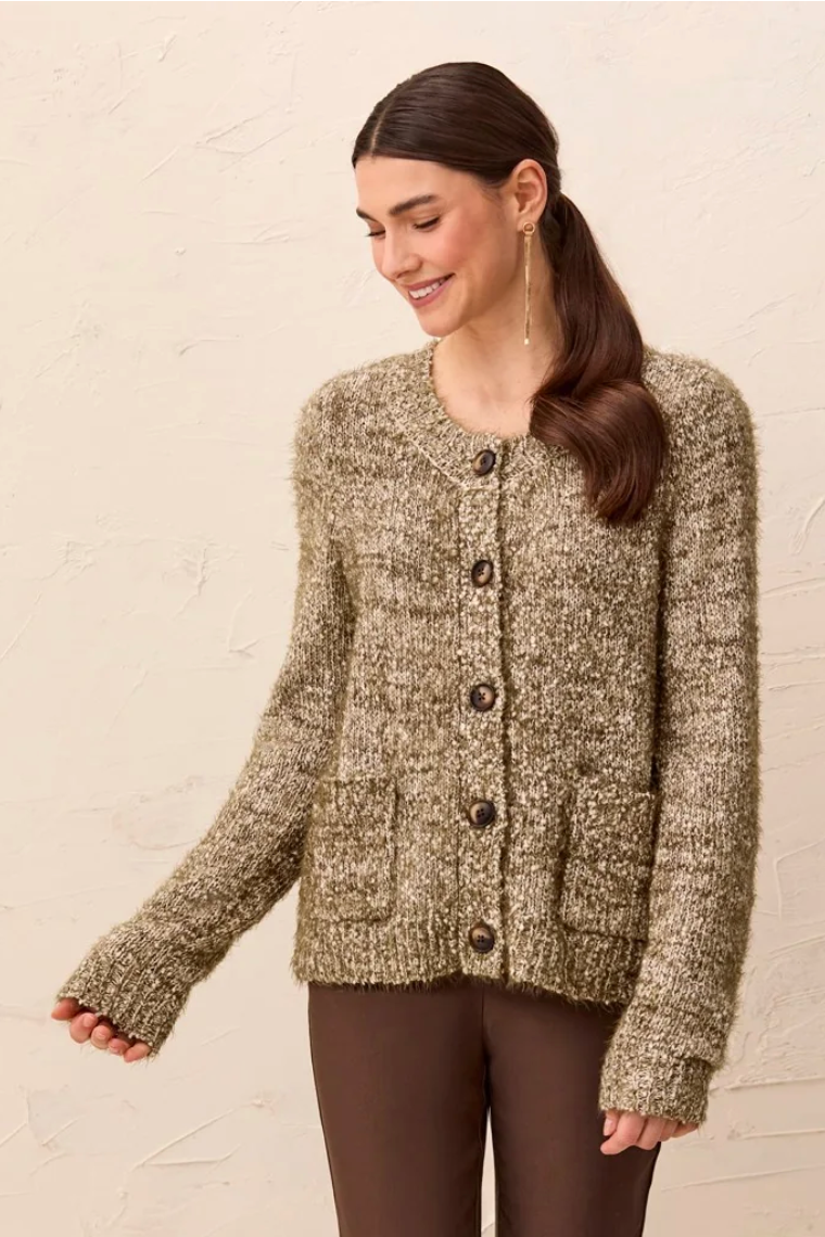 Tribal Eyelash Yarn Button-Front Long Sleeve Cardigan