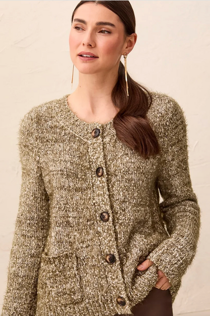 Tribal Eyelash Yarn Button-Front Long Sleeve Cardigan