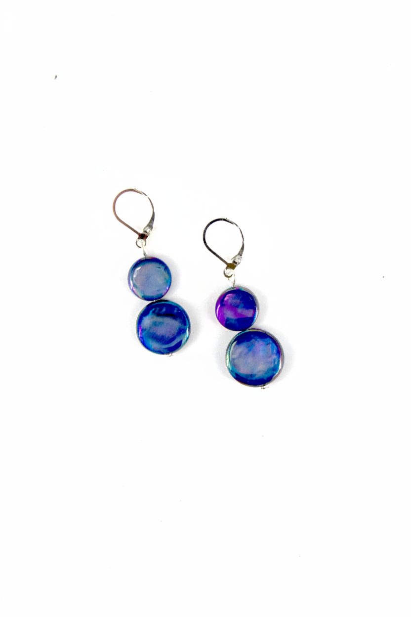 Blue-violet MOP double bead drop earrings