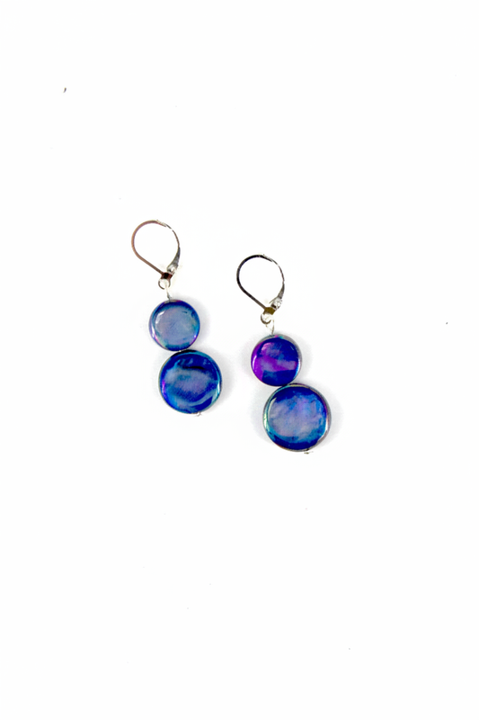 Blue-violet MOP double bead drop earrings