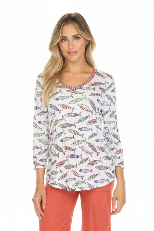 Fish Print V-Neck Top - Image 2