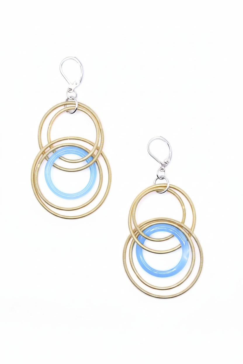 Gold multi-ring blue wire drop earrings