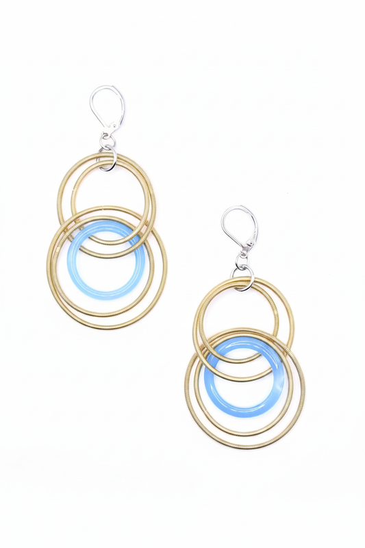 Gold multi-ring blue wire drop earrings