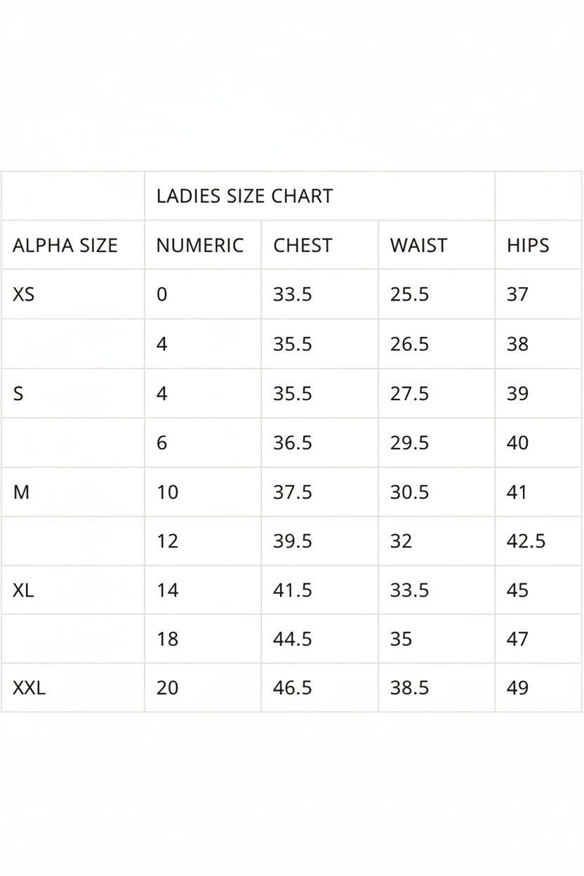 Ladies Size Chart - Sharpened