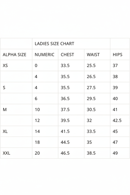 Ladies Size Chart - Sharpened