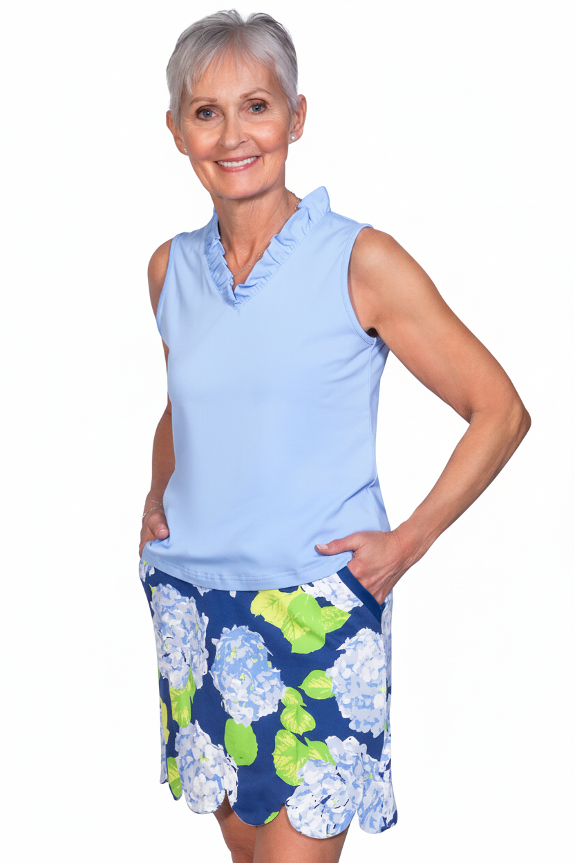 Sleeveless ruffle top hydrangea skirt front