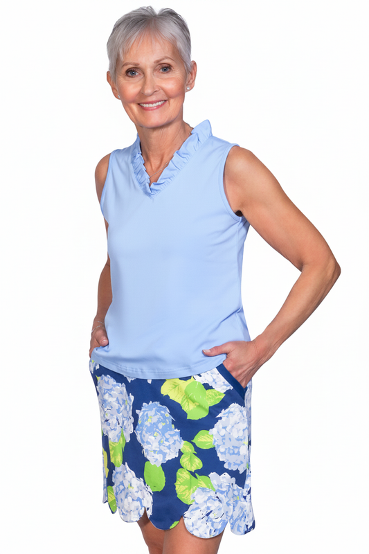 Sleeveless ruffle top hydrangea skirt front