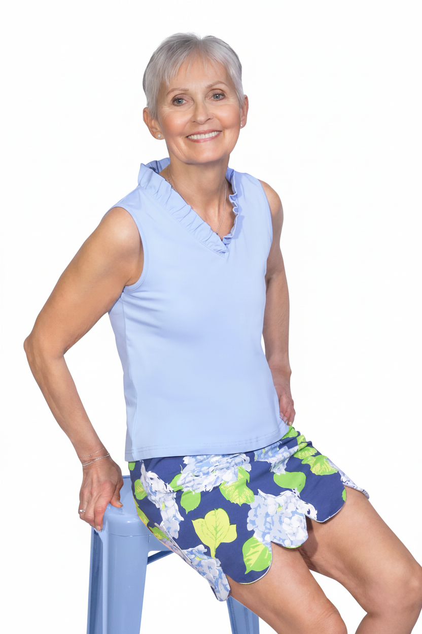 Sleeveless ruffle top hydrangea skirt seated