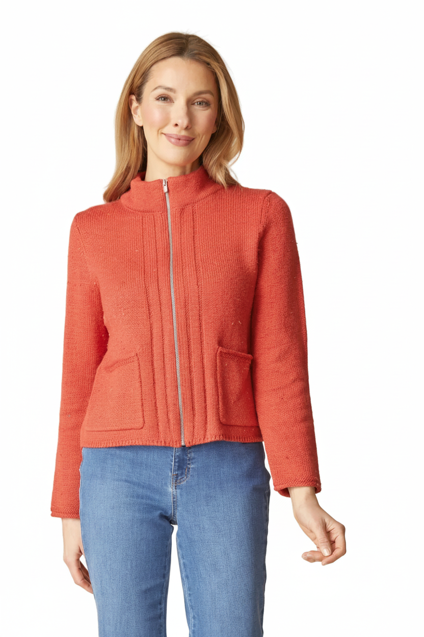 Tweed Cardigan – Coral/Orange Front