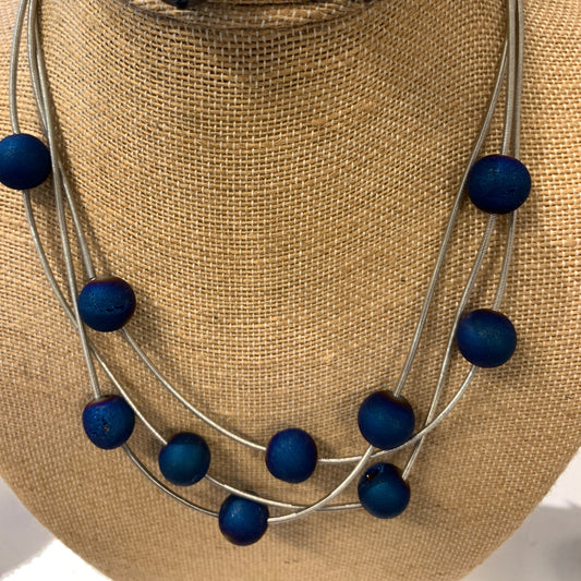 S18F Sea Lily 3 Strand Blue Geode Necklace-RESTOCKED