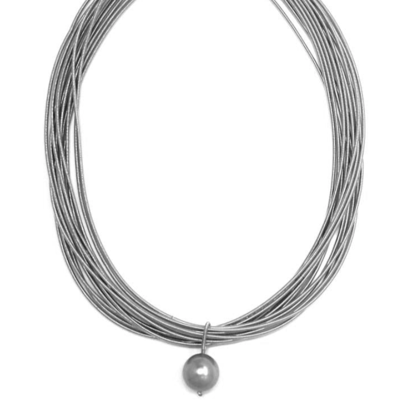 Silver Piano Wire Necklace with Silver Pearl