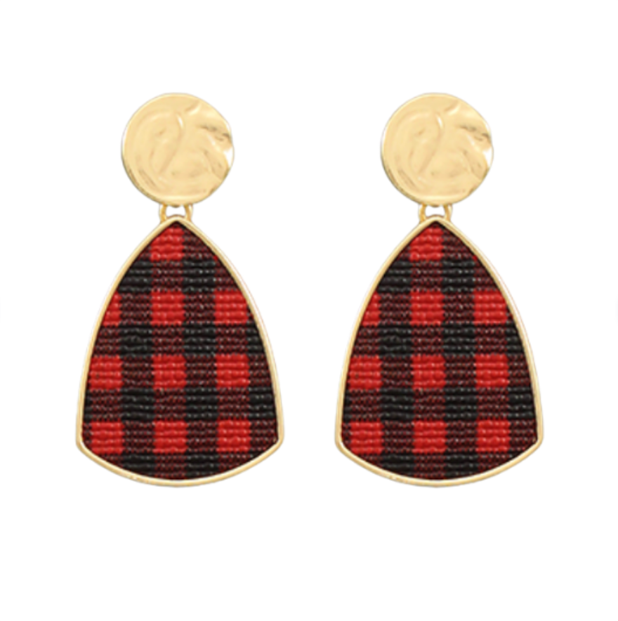 Leather Check Earrings-Blk/Red